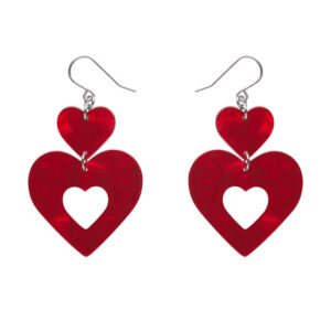 Double Heart Ripple Drop Earrings - Red - Valentines 2025 - Erstwilder