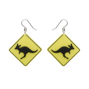 Kangaroo Sign Drop Earrings - Yellow - Australiana Aug 25 - Erstwilder